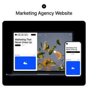 May include: A laptop computer screen displaying a website for a marketing agency. The website features a blue and white logo, the text "Marketing That Never Gives Up", and a recent story section. The laptop is on a black surface, and a smartphone with a similar design is next to it.