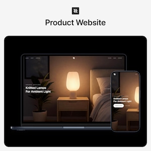 May include: A laptop and smartphone display a product website showcasing a white, ribbed, ambient light lamp. The text "Knitted Lamps For Ambient Light" is visible on both screens. The background is a bedroom setting.