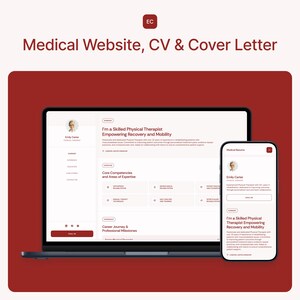 Op de afbeelding: Een screenshot van een website en een mobiele telefoon die de website en het cv van een medische professional tonen. De website toont een foto van de professional, een kop die luidt "Ik ben een bekwame fysiotherapeut die herstel en mobiliteit bevordert", en een tabel met kerncompetenties en expertisegebieden. De mobiele telefoon toont een vergelijkbaar ontwerp met dezelfde kop en een sectie met de titel "Carrièrepad en professionele mijlpalen".