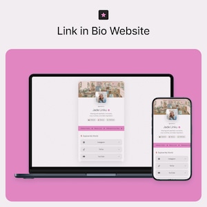 Puede incluir: Un portátil y un smartphone muestran una interfaz de sitio web con el texto "Link in Bio Website". La interfaz incluye una foto de perfil, enlaces a redes sociales y el nombre "Jade Linku."