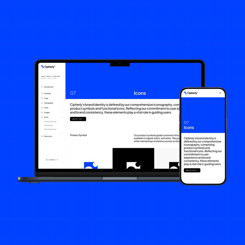 May include: A screenshot of a website with a blue background and white text. The website is about brand identity and features a section on icons. The text on the screen reads "Cipherly's brand identity is defined by our comprehensive iconography, comprising product symbols and functional icons. Reflecting our commitment to user experience and brand consistency, these elements play a vital role in guiding users."