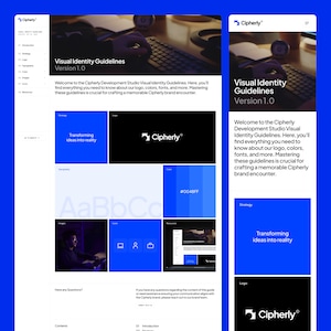 May include: A visual identity guideline document for the Cipherly Development Studio. The document includes a logo, color palette, typography, and other branding elements. The document's theme is "Transforming ideas into reality".
