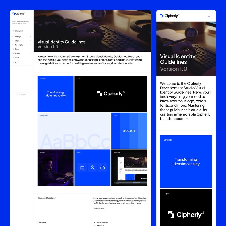 May include: A visual identity guideline document for the Cipherly Development Studio. The document includes a logo, color palette, typography, and other branding elements. The document's theme is "Transforming ideas into reality".