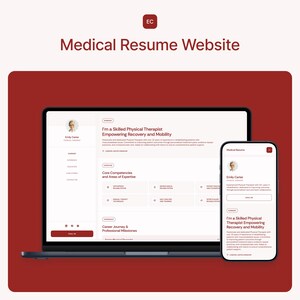 Op de afbeelding: Een screenshot van een website voor medische professionals. De website heeft een lichtgrijze achtergrond met een rode koptekst die "Medical Resume Website" zegt. De website is ontworpen om medische professionals te helpen professionele cv's en portfolio's te maken. De website toont een foto van een vrouw met de tekst "Ik ben een bekwame fysiotherapeut die herstel en mobiliteit bevordert" aan de linkerkant van het scherm. De rechterkant van het scherm toont een lijst met kerncompetenties en expertisegebieden. De website heeft ook een sectie voor carrièrepad en professionele mijlpalen.