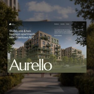 May include: A website interface for Aurello Residences featuring a rendering of a multi-story tan apartment building with green balconies. Text reads: Studio, one & two bedroom apartments near downtown NYC. Live moments from New York dining.