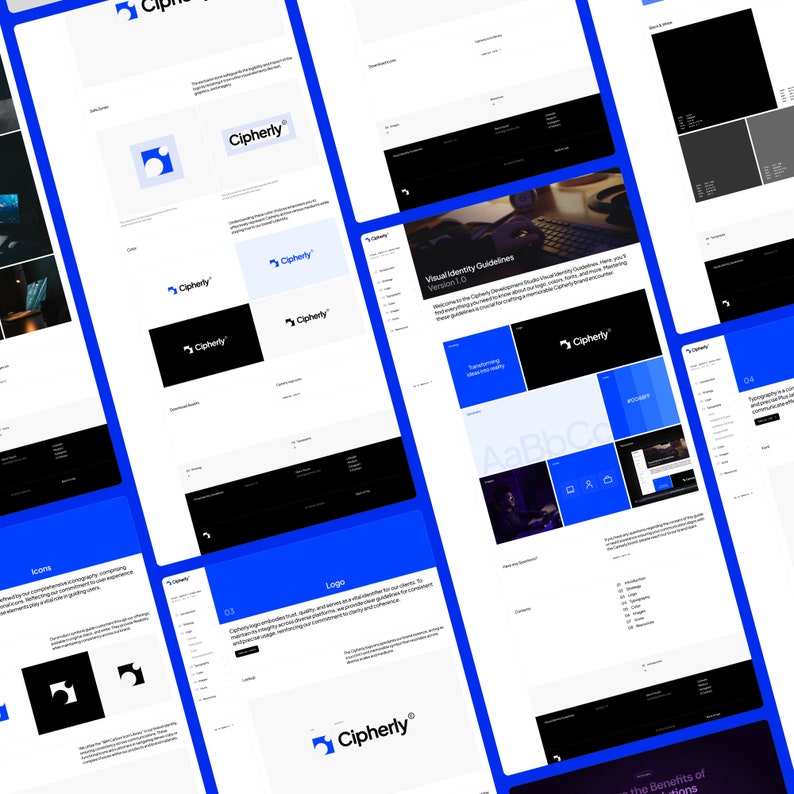May include: A visual identity guide for Cipherly, a company that focuses on transforming cybersecurity. The guide includes a logo, color palette, typography, and iconography.