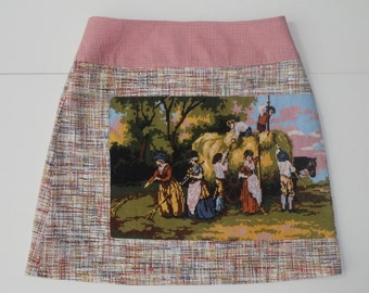 Haymakers in the countryside, vintage embroidery, retro, A-line skirt, colourful, size EU 38/40 (USA 8/10, UK 10/12), cotton, zipper