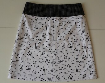 Muzieknoten rokje, zwart wit, A-lijn rokje, maat Medium, maat 38/40, katoen