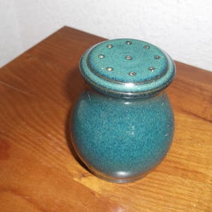 Op de afbeelding: Een turquoise keramische zoutstrooier met een afgeronde body en een deksel met kleine gaatjes. De strooier staat op een houten oppervlak. Het keramiek heeft een gespikkelde textuur.