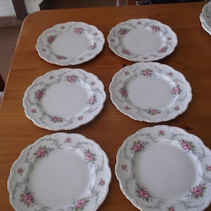 Op de afbeelding: Zes witte porseleinen borden met geschulpte randen, versierd met roze rozenbloemmotieven en gouden randen. De borden zijn gerangschikt op een houten oppervlak, met een klassiek, elegant ontwerp.