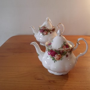 Può includere: Due teiere in porcellana bianca con motivi floreali. Le teiere hanno una forma classica con un corpo arrotondato e un beccuccio su un lato. Le teiere sono decorate con un motivo floreale in tonalità di rosso, rosa, giallo e verde.