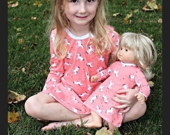 Comfy Matching Girl and Doll Dress. Unicorn Dress for Girls. Doll dress will fit 18 inch dolls or 15 inch dolls.