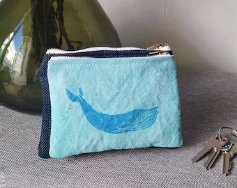 Whale wallet. Woman wallet. Whale purse. Hand-printed. Man wallet. Fabric wallet. Vegan wallet. Gift. Blue whale. Cetacean. Fannypack.