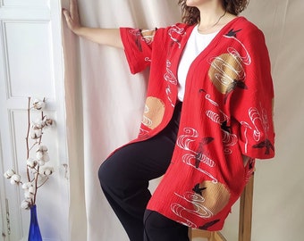 Woman kimono "Swifts", hand-printed. Kimono cardigan. Kimono man. Cotton kimono. Japanese kimono. Coat. Birds. Silkscreen. Kaftan. Wedding