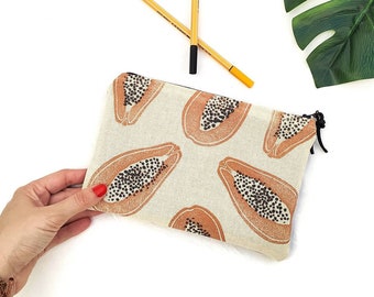Papayas handbag. Papaya pouch. Papaya bag. Hand-printed bag. Clutch bag. Tropical pattern. Make up bag.  Case. Woman bag, handbag. Gift