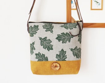 Crossbody bag "Oak leaves" made of upholstery fabrics and leather. Printed by hand. Green and mustard. For her. Yellow and gray. Gift