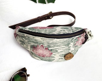 Fanny pack "Water lily" made of cotton canvas fabrics and leather. Printed by hand. Green and purple. For him, for her. Namaste. Yoga