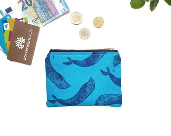 Blue whale wallet. Humpback wallet. Blue whale coin purse. Hand-printed. Cotton canvas. Woman wallet. Fabric wallet. Vegan wallet. Gift