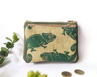 Chameleon wallet. Fannypack. Woman wallet. Chameleon purse. Hand-printed. Man wallet. Fabric wallet. Vegan wallet. Gift. Chameleons. Green