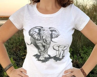 Booba, the elephant T-shirt, hand-printed. Woman t-shirt, man t-shirt. Gift for him, gift for her. Mom. African elephant. Baby elephant