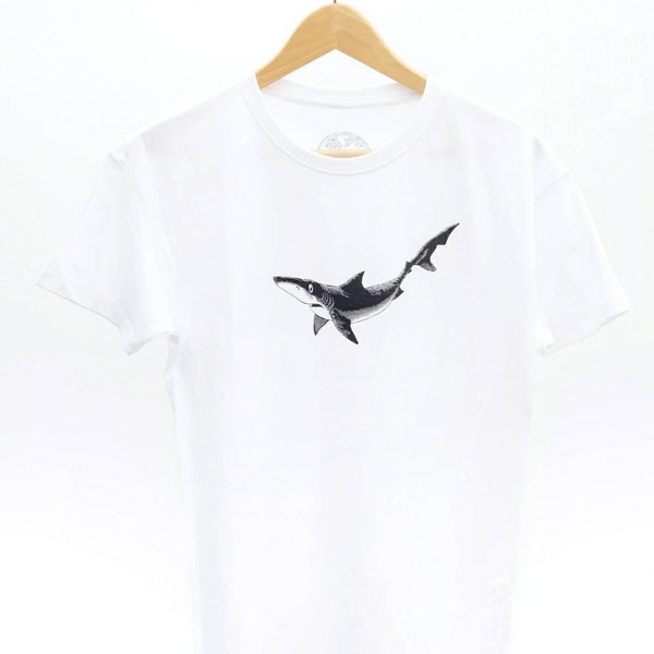 Lola, le Requin T-shirt, imprimé à la main. Conception originale. Pour lui, pour elle. Tailles S-XXL pour femme et homme. Blanc, noir