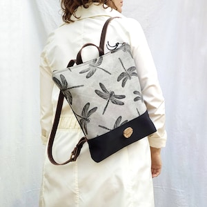 Dragonfly backpack, made of cotton canvas fabric and leather. Hand-printed. Backpack women. Leather backpack. Dragonfly. Light backpack