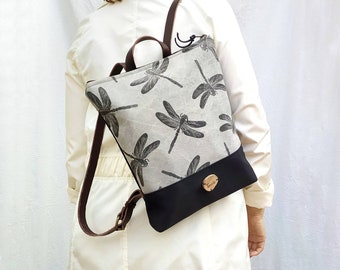 Dragonfly backpack, made of cotton canvas fabric and leather. Hand-printed. Backpack women. Leather backpack. Dragonfly. Light backpack