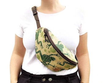 Fanny pack "Frogs" made of upholstery fabrics and leather. Printed by hand. Green. Woman fanny pack. Man fanny pack Crossbody bag. Amphibian