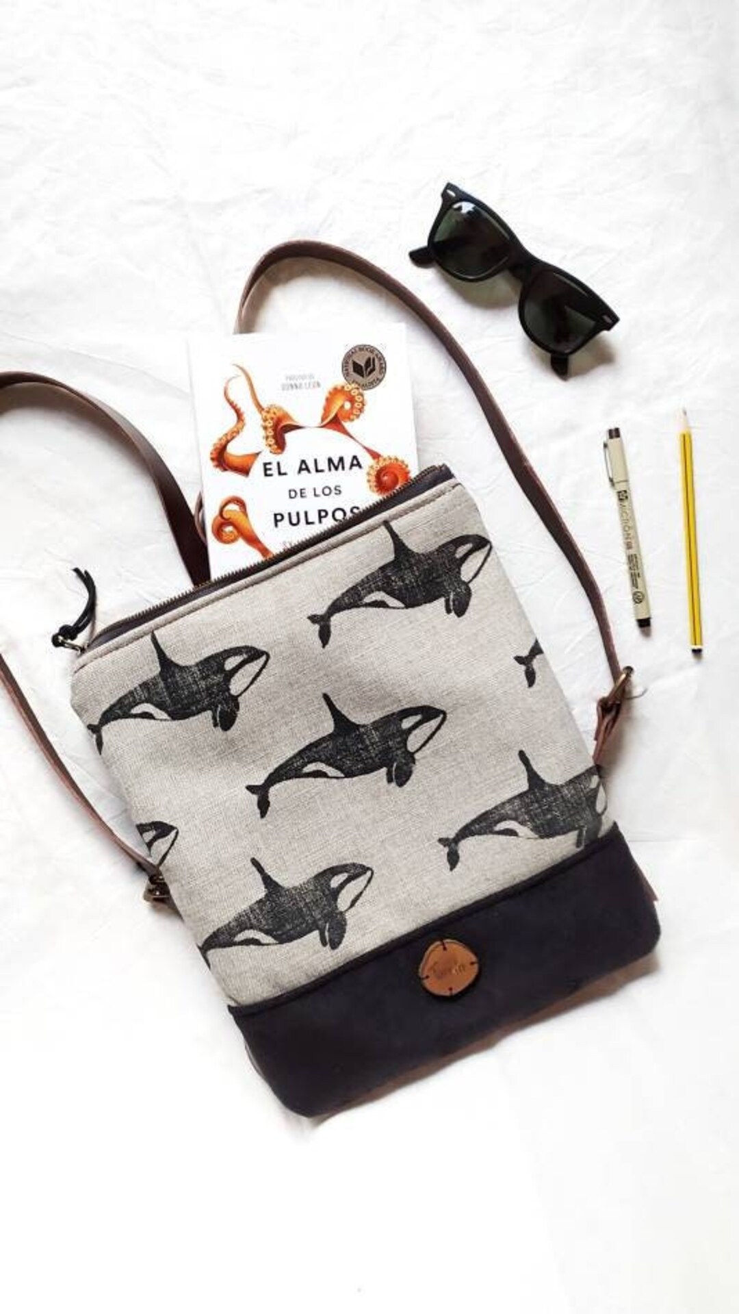 Orca Backpack. Killer Whale Backpack, Made of Cotton Canvas Fabric and Leather. Handprinted