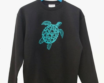 Sea turtle sweatshirt, hand printed. Men's sweatshirt, women's sweatshirt, hooded sweatshirt. Turtle sweatshirt. Couple sweatshirt. Black