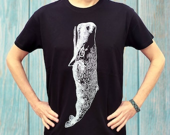 Sperm whale t-shirt, hand-printed. Whale t-shirt. Woman t-shirt, man t-shirt. Cetacean. Gift for him, gift for her. Surf clothing. Cotton