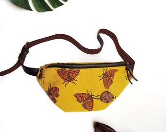 Fanny pack "Moth" made of cotton canvas fabrics and leather. Printed by hand. Mustard. Woman fanny pack. Bum bag, crossbody bag. Butterfly