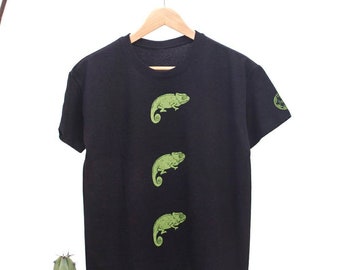 Chameleon T-shirt, hand-printed. Chameleons. Woman t-shirt, man t-shirt. Gift for him, gift for her. Cotton t-shirt. Reptile. Green shirt