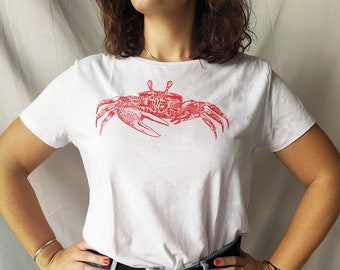 Fiddler crab T-shirt, hand-printed. Crab woman t-shirt, man t-shirt. Gift for him, gift for her. Cotton t-shirt. Woman clothing, Crab shirt