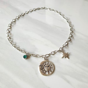 Sun Moon Customized Charm Stainless Steel Necklace, Personalized, Moon, Stars, 3 Charms, Pendants, 6mm Chain, Gift for Mom
