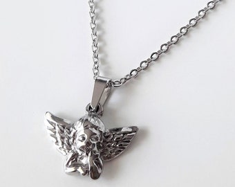 Silver Angel Stainless Steel Pendant Necklace: Cupid Cherub Charm
