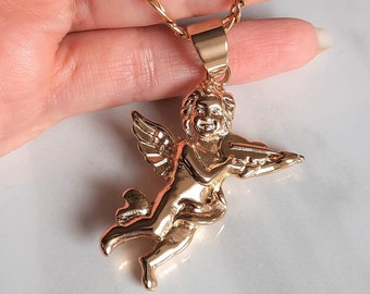 Gold Angel Pendant Necklace: Stainless Steel Cupid Charm (2.1 Inch)
