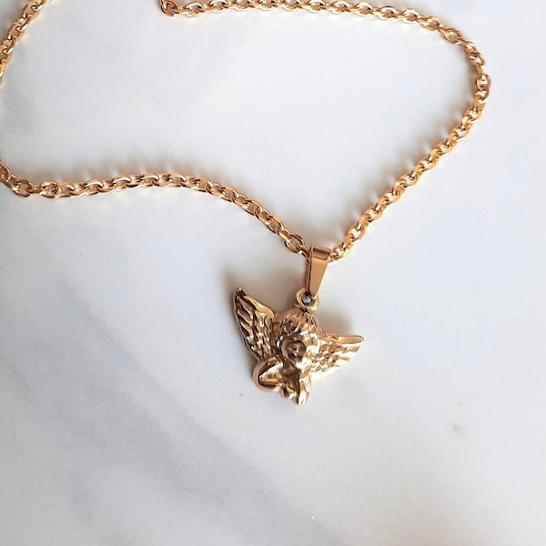 23 mm Angel Cherub Gold Stainless Steel Pendant Necklace, Small Cupid Angel Charm, Spiritual Pendant, Trendy, Guardian Angel, Link Chains