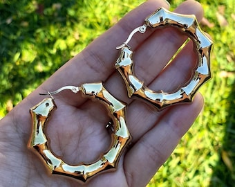 Chunky Bamboo Hoop Earrings: Gold Tone Stainless Steel, 1.8 Inch
