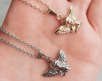 Angel Cherub Pendant Necklace: Stainless Steel Cupid Charm, Spiritual Jewelry Cherub