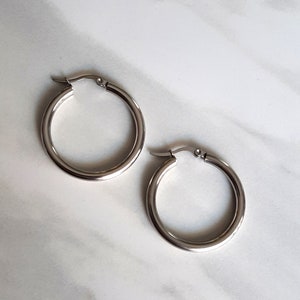 Silver Tone Stainless Steel Hoop Earrings: 1.2&quot; Trendy Thick Hoops
