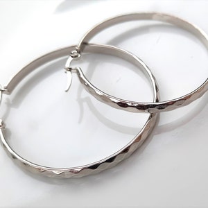 Hammered Polished Stainless Steel Hoop Earrings: Sparkly Silver Tone, 1.8"