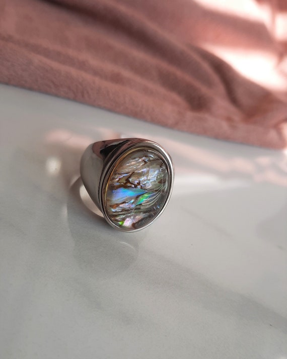 Genuine Rose Oval Shaped Drusy Large Statement Stainless Steel Ring Size 7 