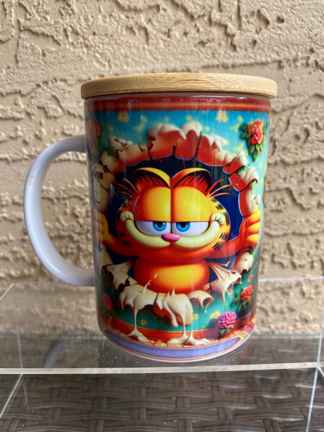 Garfield Inspired 15oz Ceramic Coffee Mug, Bamboo Cover and Glass Spoon ...