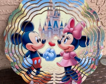 Mickey y Minnie Mouse inspirados en Disney y castillo, Día de San Valentín, hilandero para jardín o patio de 8 pulgadas