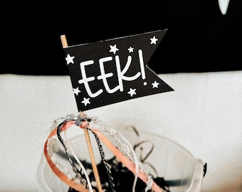 May include: A black and white flag with white stars and the word "EEK!" in white lettering. The flag is attached to a wooden stick and is sticking out of a clear plastic bucket filled with black and pink ribbon.