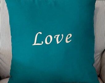 Teal and Coco Collection - Linen Cushion Large 45 cm square - with added gold lettering of the word "Love"