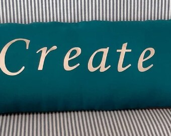 Teal and Coco Collection - Linen Cushion 55 x 20cm Rectangular - with added gold lettering of the word Create