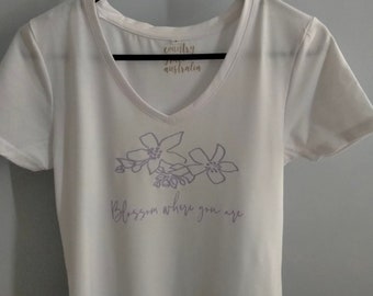 V Neck Tee Shirt - Blossom where you are - Soft Lilac Print on White **REDUCED** was 34.95