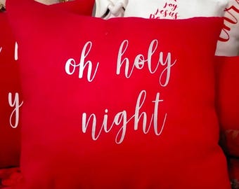 Decorative Cushion - O Holy Night Cushion made with a Linen/Cotton Blend fabric in Red - 30CM - A Red and White Christmas Collection
